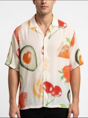 Men's Size XL Short-Sleeve Fruit Print Button-Up Shirt - Cream/Multicolor